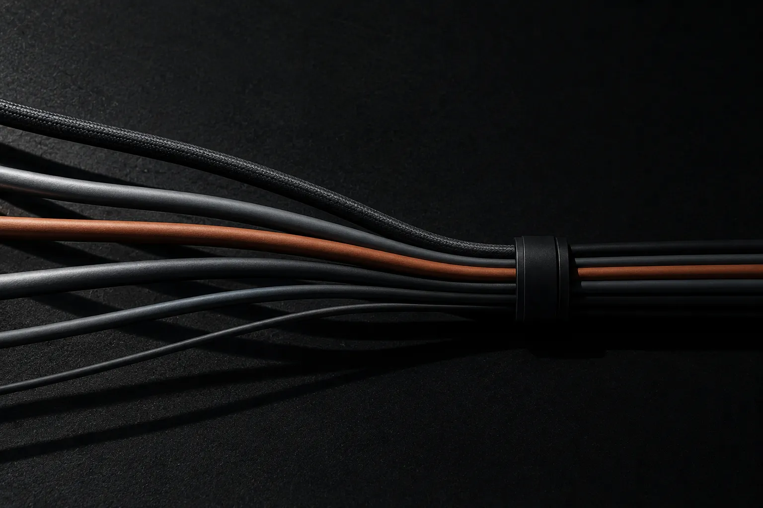 Six cables converging into a single bound trunk